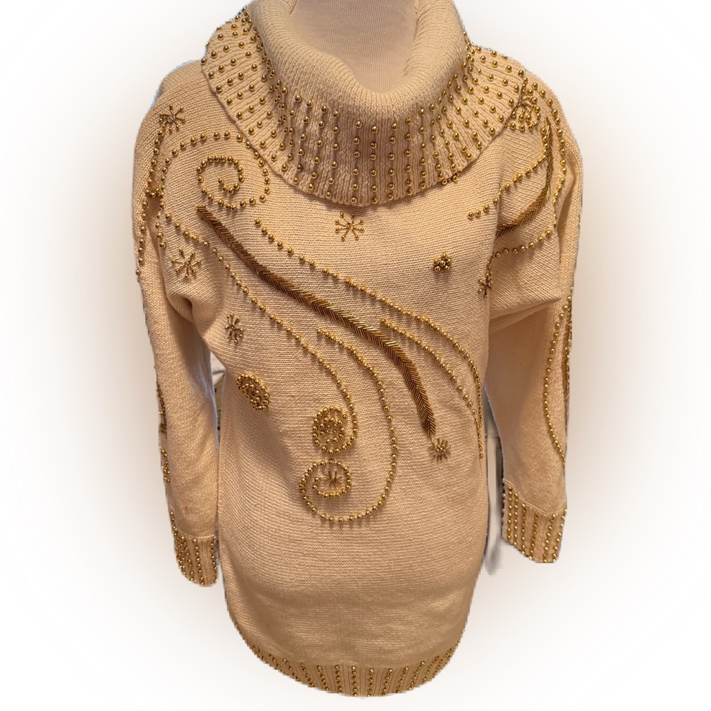 Vintage Victoria Harbour Women’s Cream Sweater With Gold Beading. Size Small